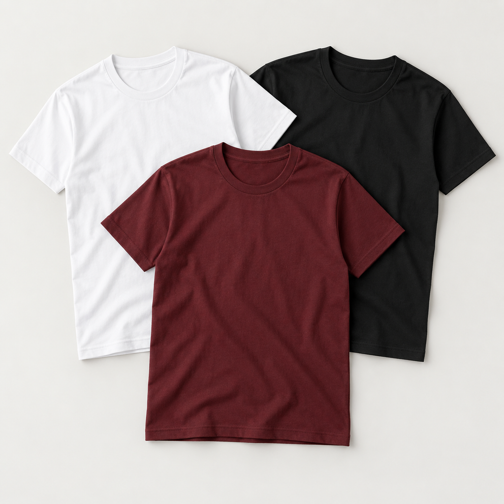 SAMIO Men's Essential Cotton Tees (Pack of 3) | Regular Fit | 200 GSM