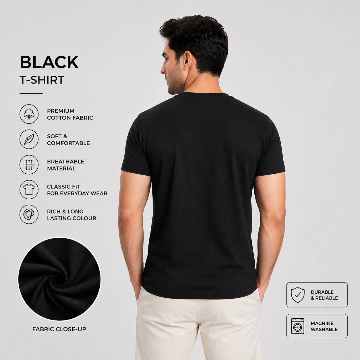 SAMIO Men's Black Cotton T-Shirt | Regular Fit | 200 GSM