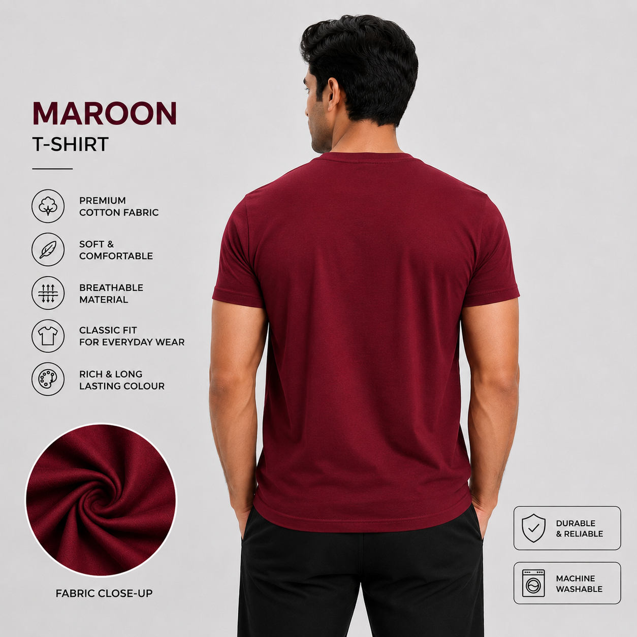 SAMIO Men's Maroon Cotton T-Shirt | Regular Fit | 200 GSM