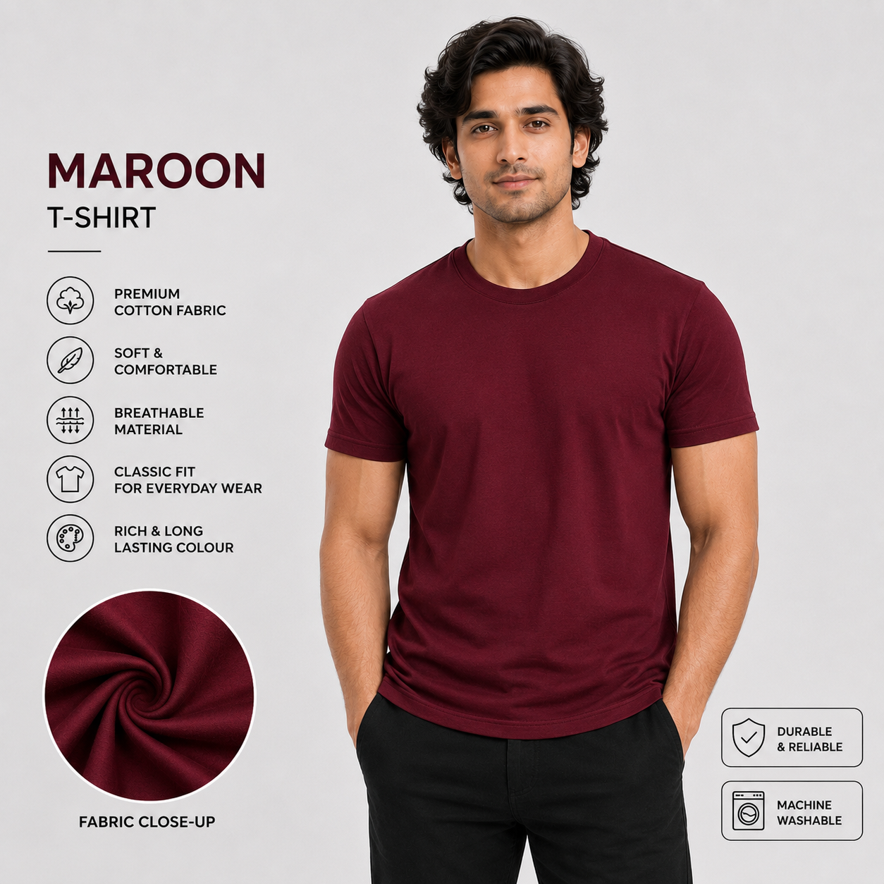 SAMIO Men's Maroon Cotton T-Shirt | Regular Fit | 200 GSM
