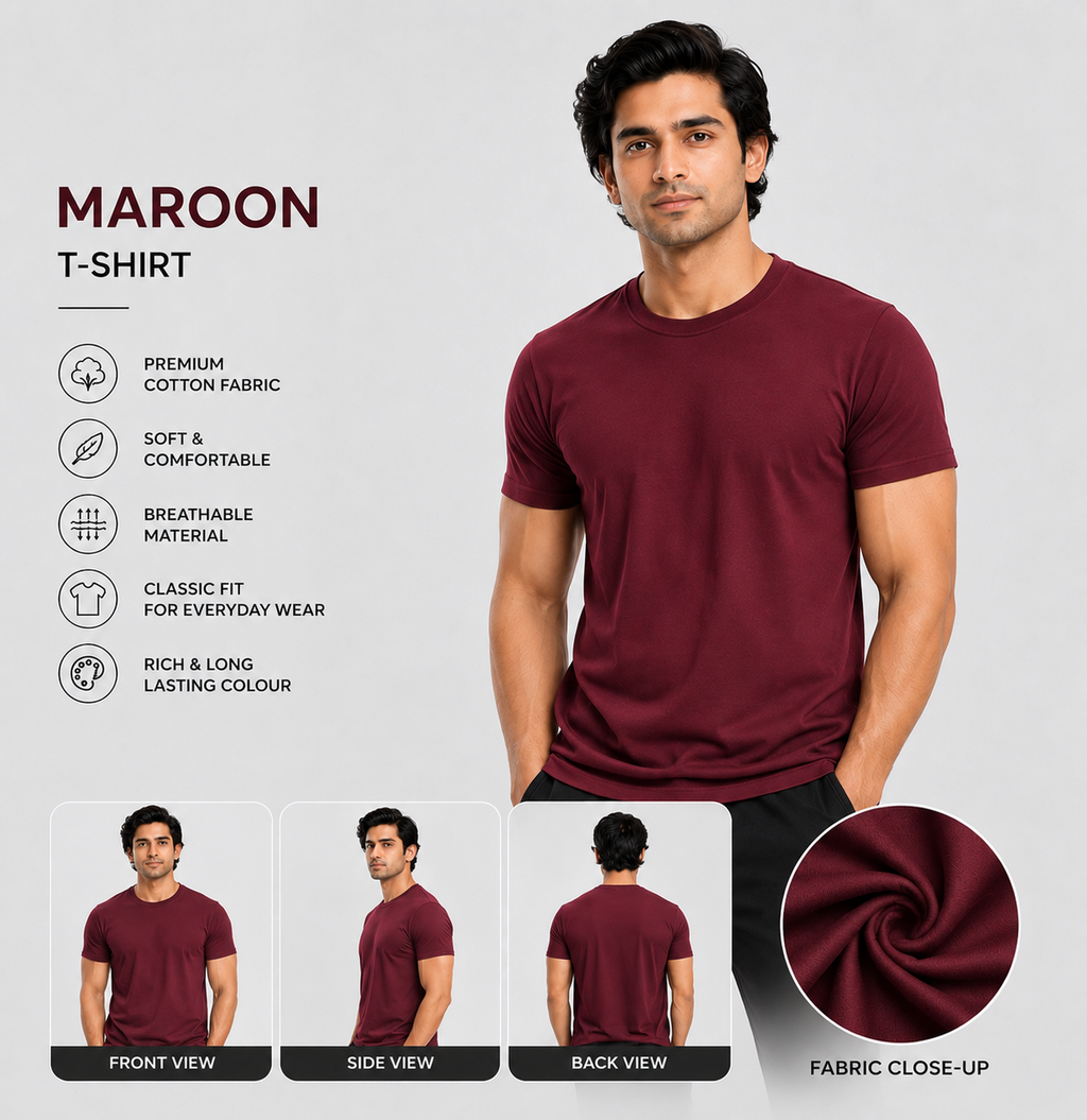 SAMIO Men's Maroon Cotton T-Shirt | Regular Fit | 200 GSM