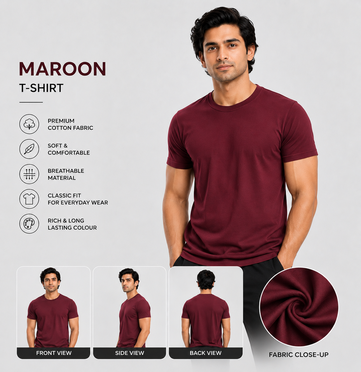 SAMIO Men's Maroon Cotton T-Shirt | Regular Fit | 200 GSM