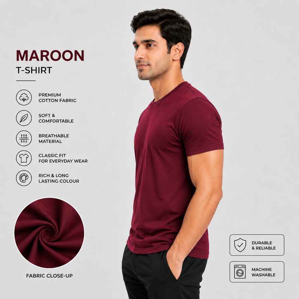 SAMIO Men's Maroon Cotton T-Shirt | Regular Fit | 200 GSM