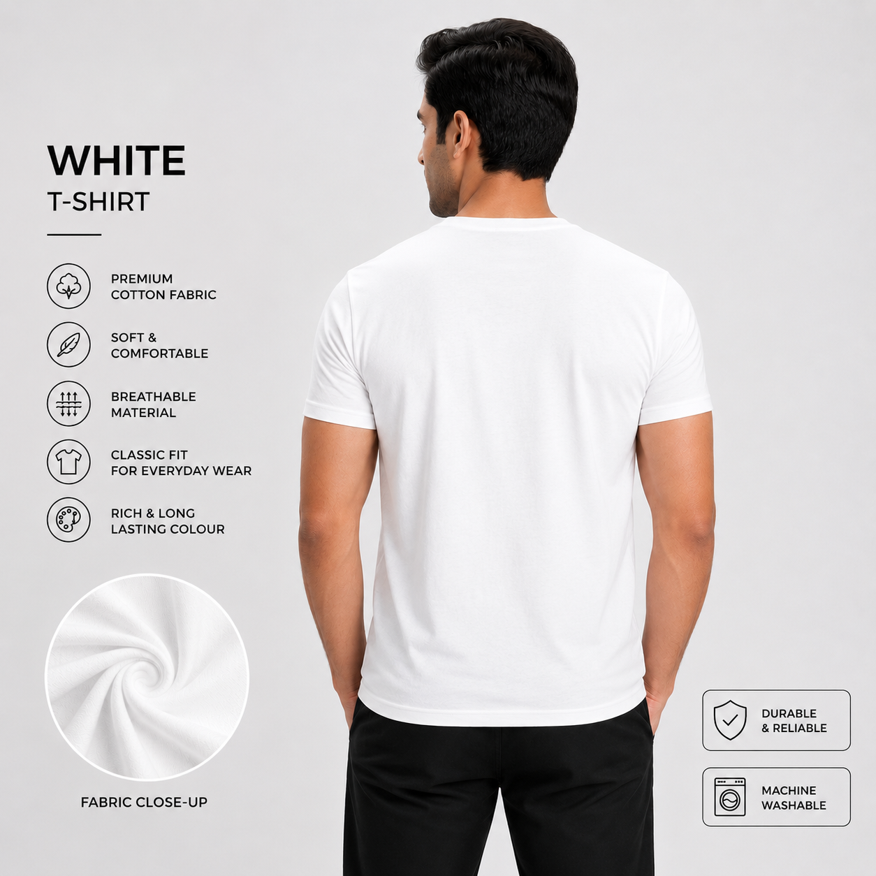 SAMIO Men's White Cotton T-Shirt | Regular Fit | 200 GSM