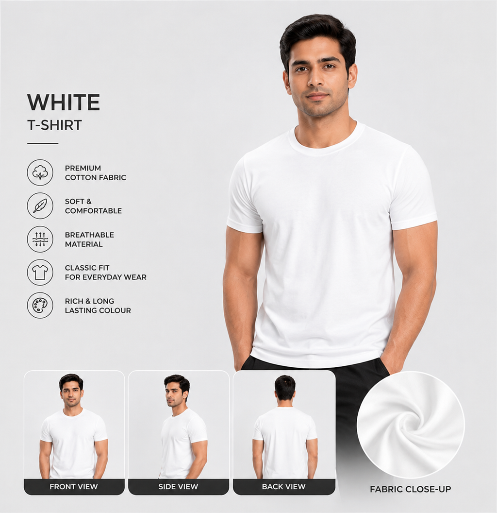 SAMIO Men's White Cotton T-Shirt | Regular Fit | 200 GSM
