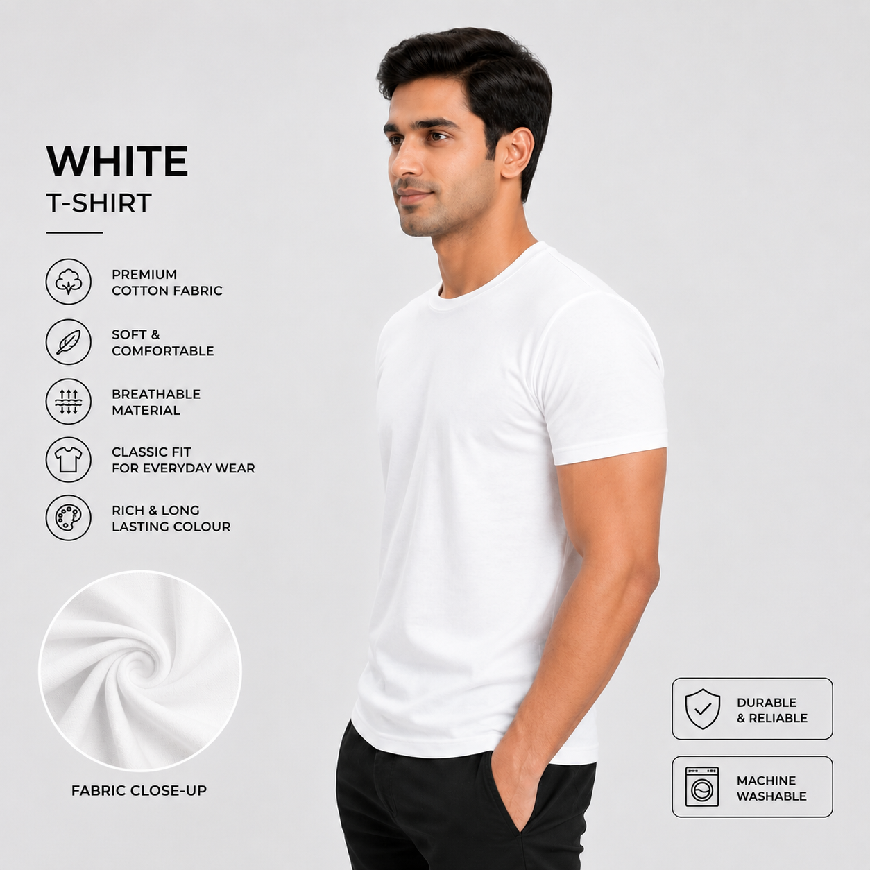 SAMIO Men's White Cotton T-Shirt | Regular Fit | 200 GSM