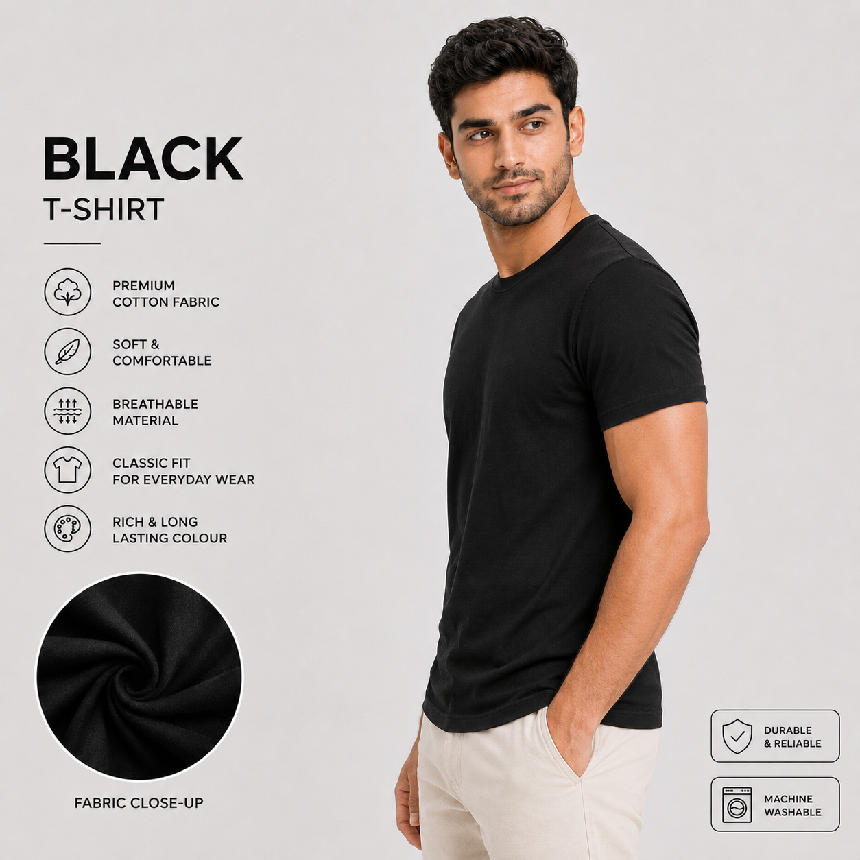 SAMIO Men's Black Cotton T-Shirt | Regular Fit | 200 GSM