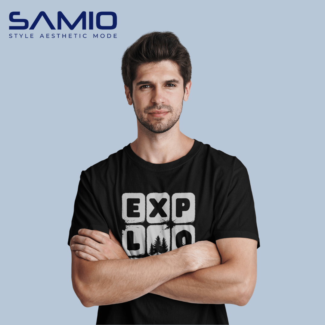 SAMIO Cotton Printed T-Shirt for Men | Regular Fit | Black | 100% Cotton | 200 GSM
