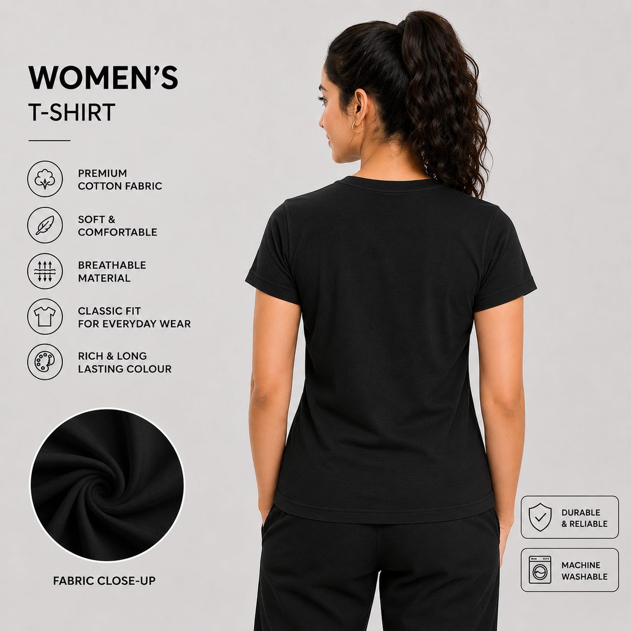 SAMIO Women's Black Cotton T-Shirt | Regular Fit | 200 GSM