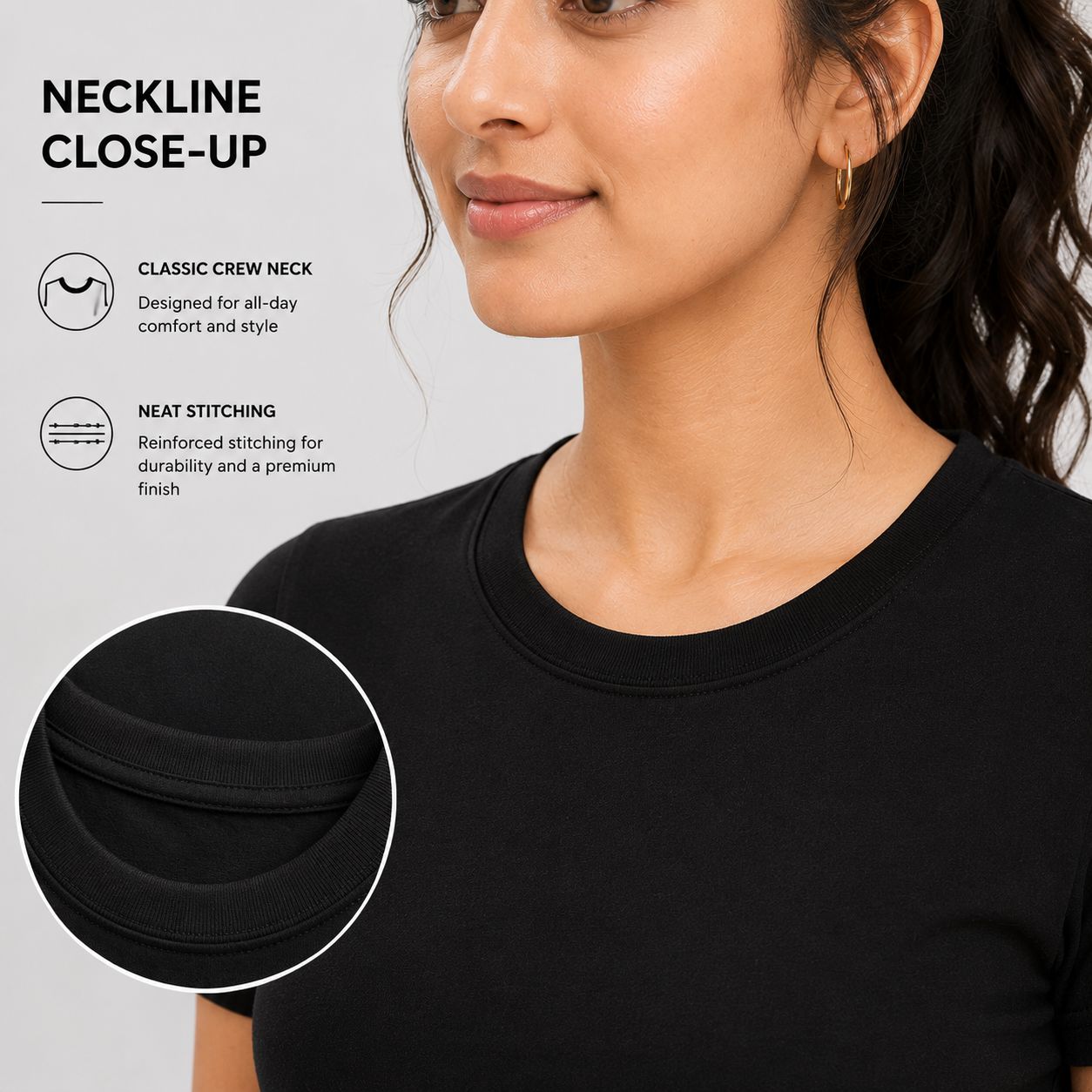 SAMIO Women's Black Cotton T-Shirt | Regular Fit | 200 GSM