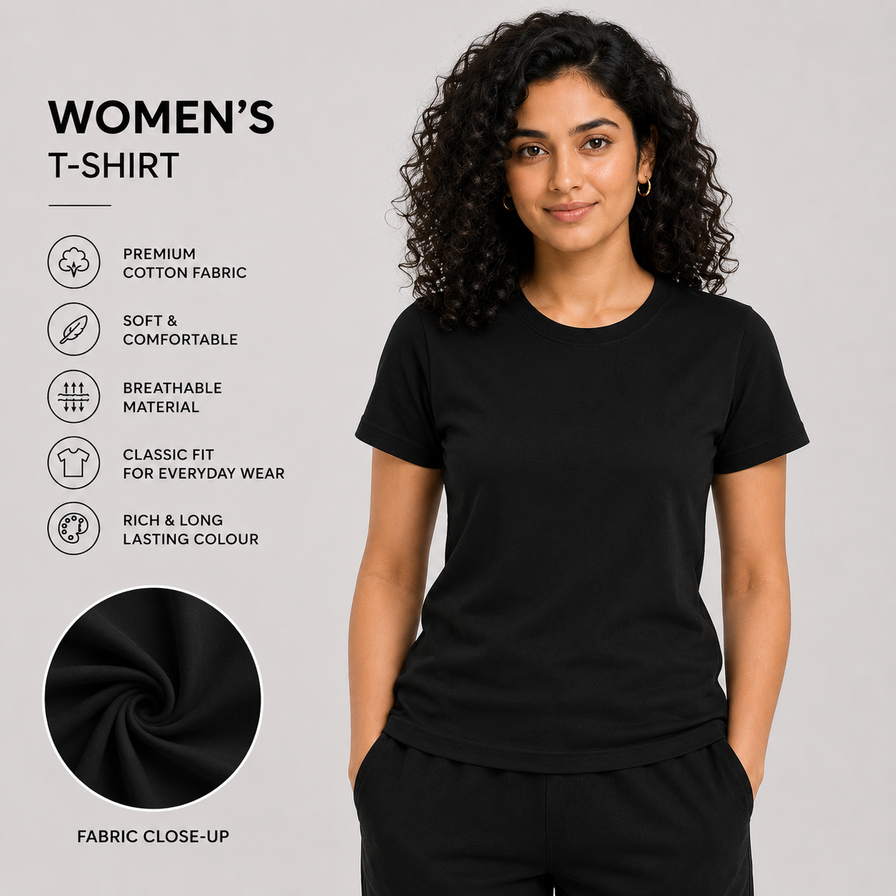 SAMIO Women's Black Cotton T-Shirt | Regular Fit | 200 GSM