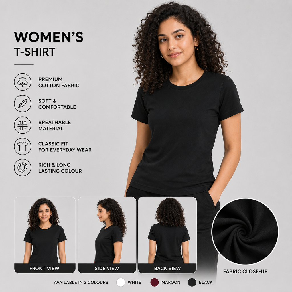 SAMIO Women's Black Cotton T-Shirt | Regular Fit | 200 GSM