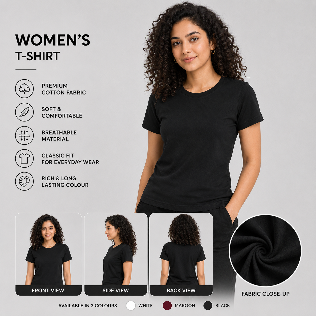 SAMIO Women's Black Cotton T-Shirt | Regular Fit | 200 GSM