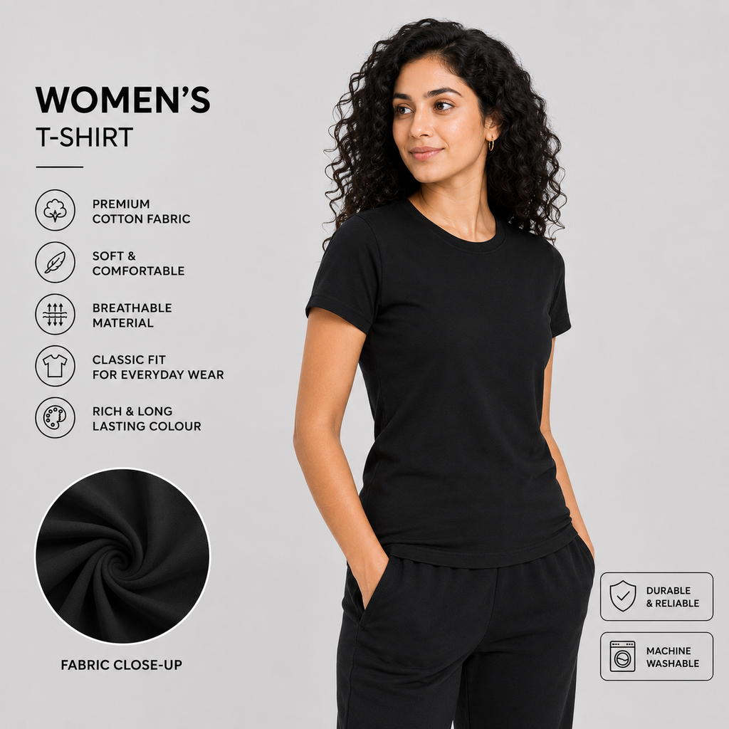 SAMIO Women's Black Cotton T-Shirt | Regular Fit | 200 GSM