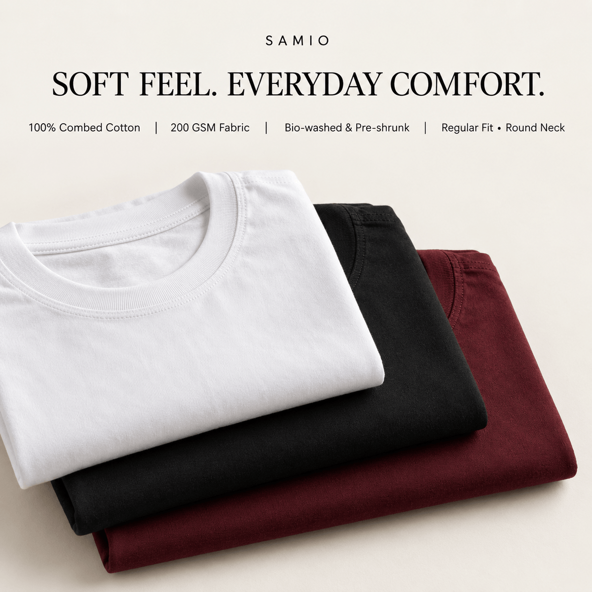 SAMIO Women's Essential Cotton Tees (Pack of 3) | Regular Fit | 200 GSM