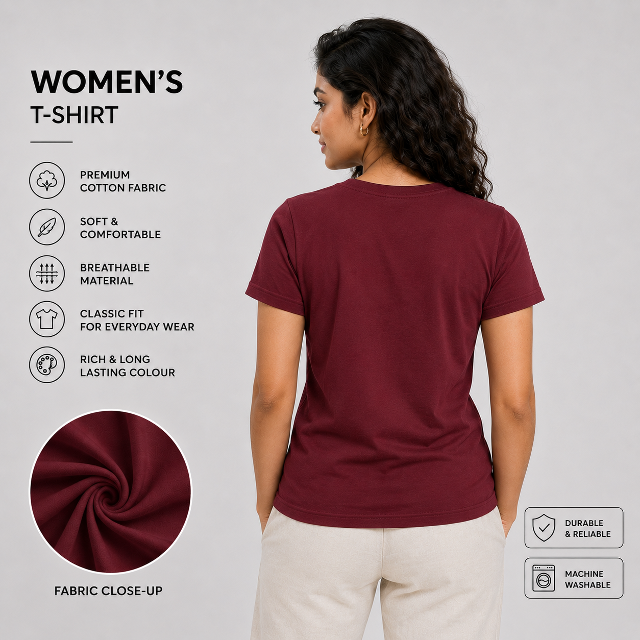 SAMIO Women's Maroon Cotton T-Shirt | Regular Fit | 200 GSM