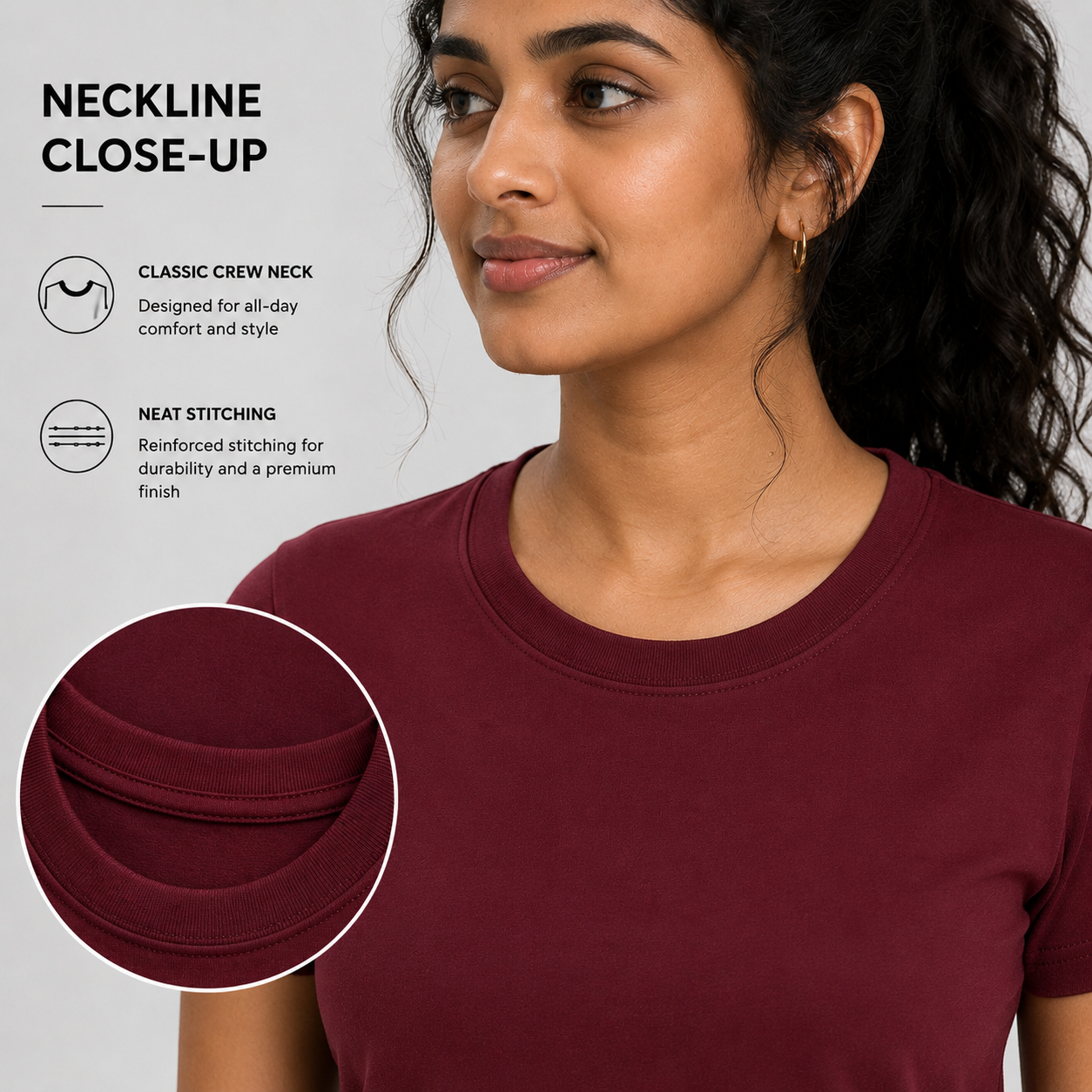 SAMIO Women's Maroon Cotton T-Shirt | Regular Fit | 200 GSM