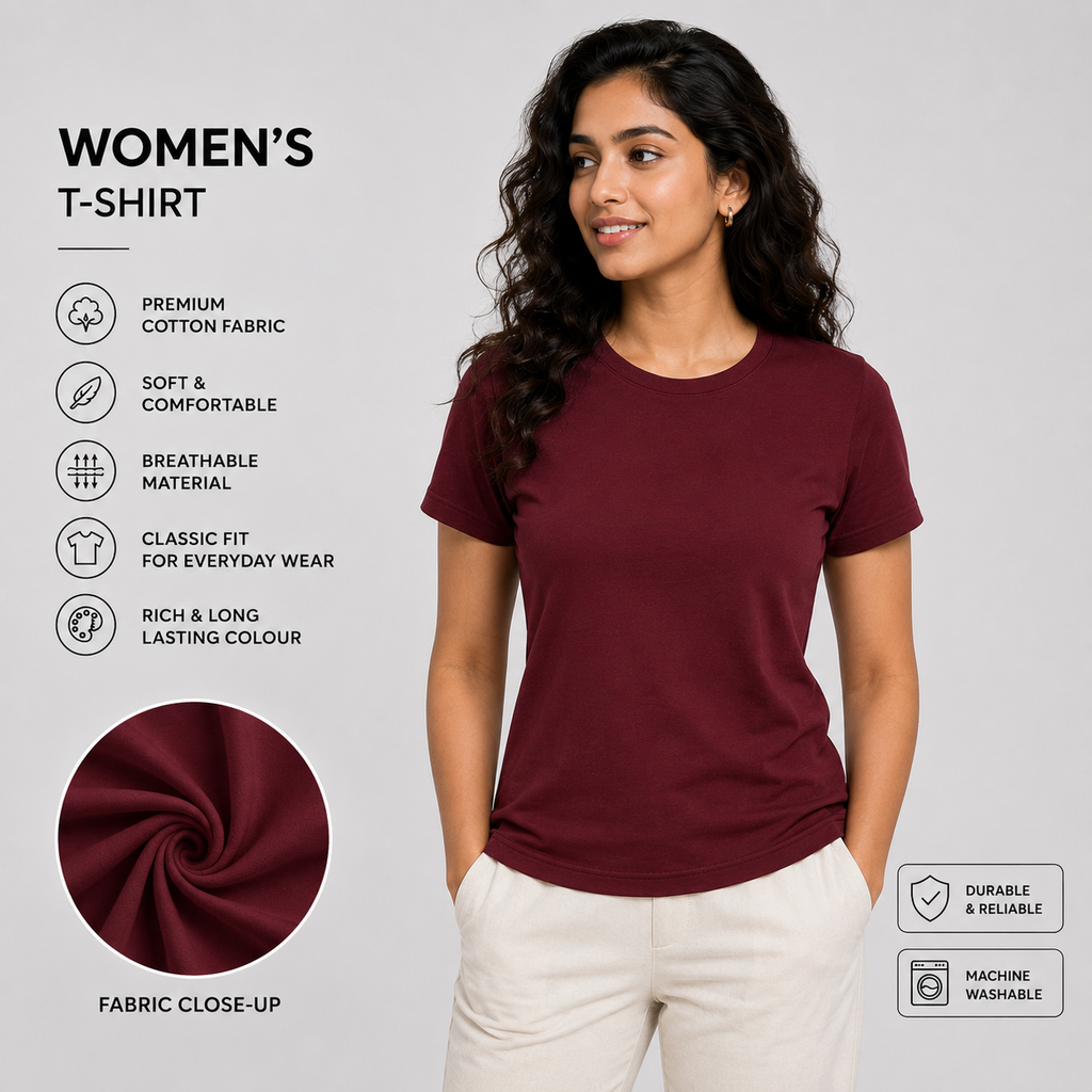 SAMIO Women's Maroon Cotton T-Shirt | Regular Fit | 200 GSM