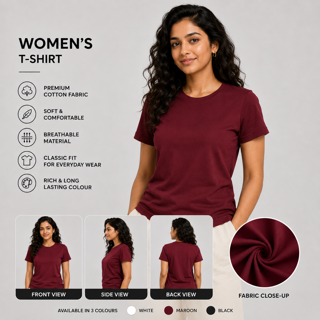 SAMIO Women's Maroon Cotton T-Shirt | Regular Fit | 200 GSM
