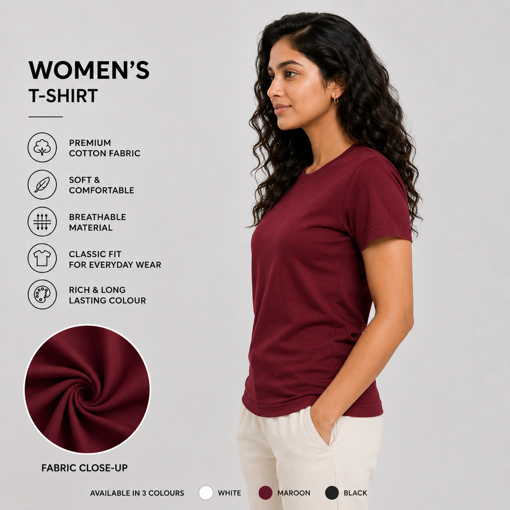 SAMIO Women's Maroon Cotton T-Shirt | Regular Fit | 200 GSM