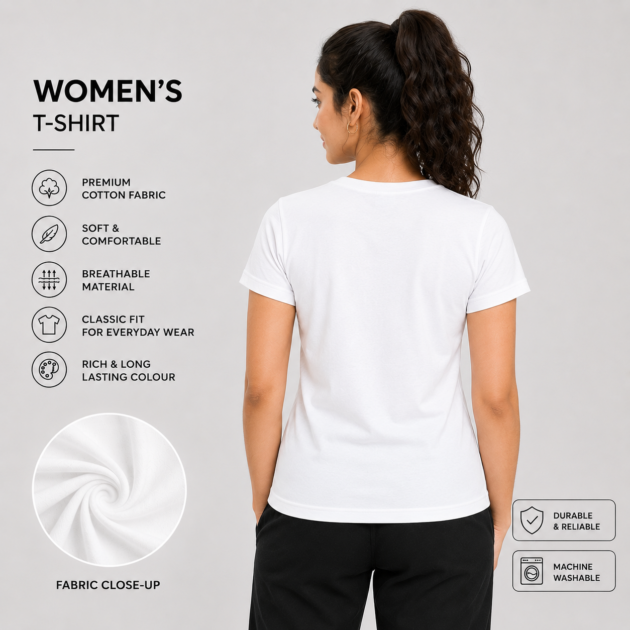 SAMIO Women's White Cotton T-Shirt | Regular Fit | 200 GSM