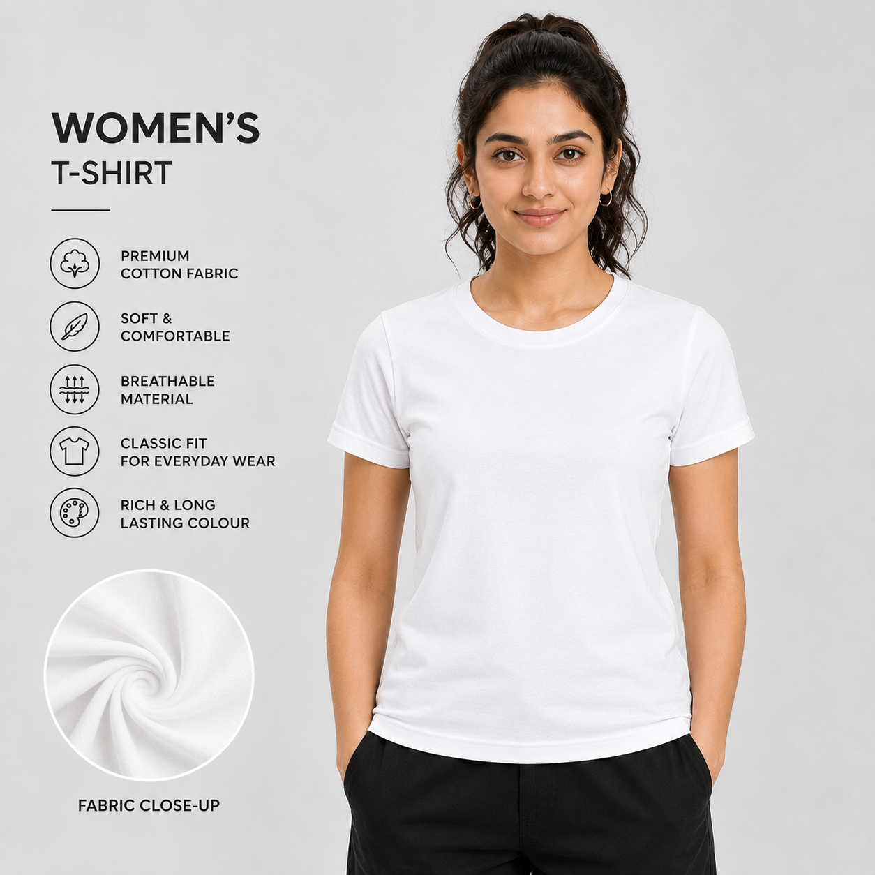 SAMIO Women's White Cotton T-Shirt | Regular Fit | 200 GSM