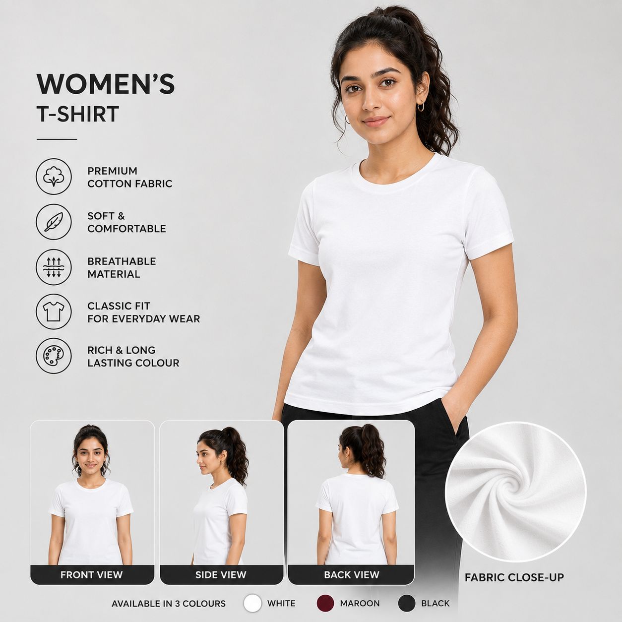 SAMIO Women's White Cotton T-Shirt | Regular Fit | 200 GSM
