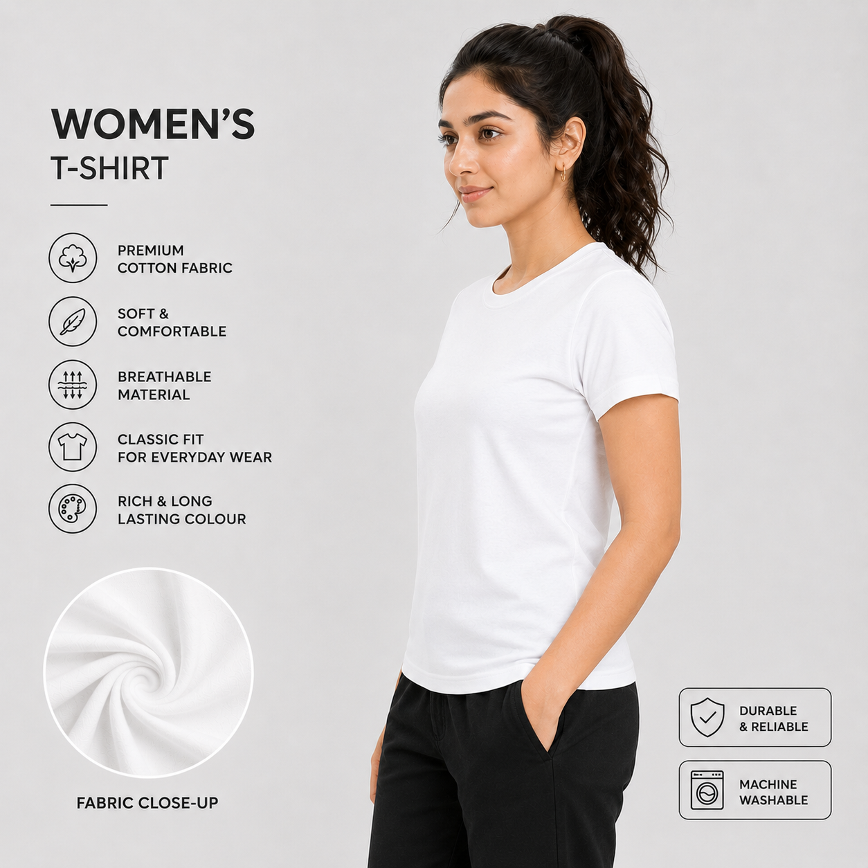 SAMIO Women's White Cotton T-Shirt | Regular Fit | 200 GSM