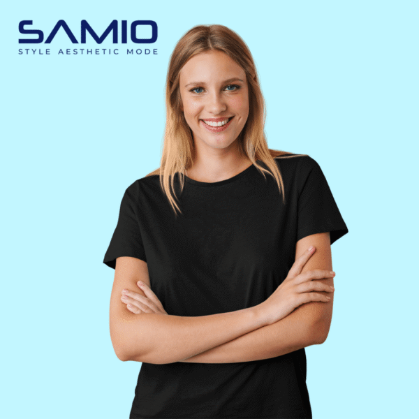 Model wearing plain black cotton t-shirt