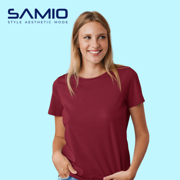 Model wearing plain maroon cotton t-shirt