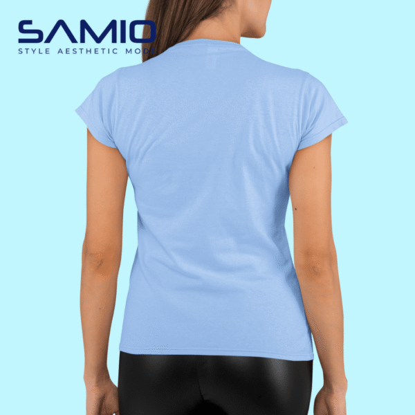 Model wearing plain powder blue cotton t-shirt