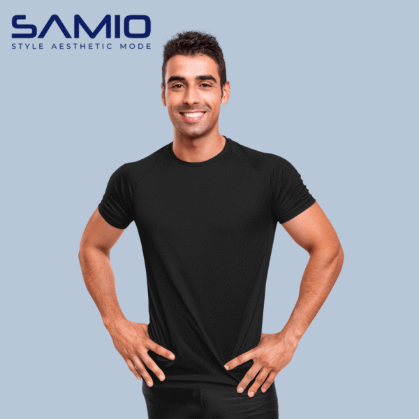 Man wearing plain black cotton t-shirt