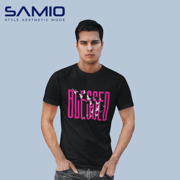 Men’s black cotton t-shirt with colorful artistic blessed graphic print and round neck design