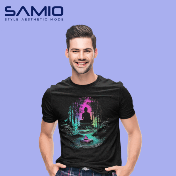 Men’s black cotton t-shirt with colorful artistic buddha graphic print and round neck design