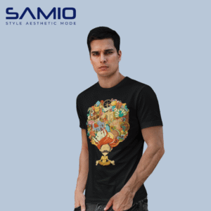 Men’s black cotton t-shirt with colorful artistic monk graphic print and round neck design
