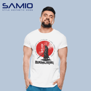 Men’s white cotton t-shirt with colorful artistic samurai graphic print and round neck design