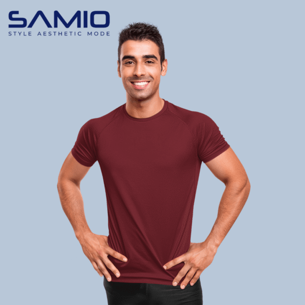 Man wearing plain maroon cotton t-shirt