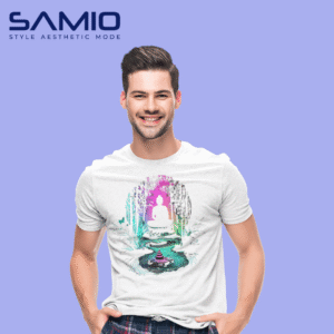 Men’s white cotton t-shirt with colorful artistic buddha graphic print and round neck design