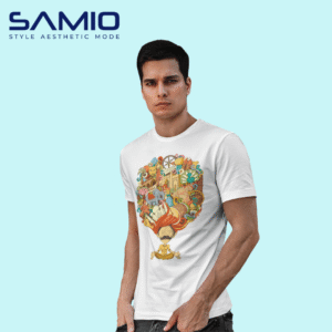 Men’s white cotton t-shirt with colorful artistic monk graphic print and round neck design