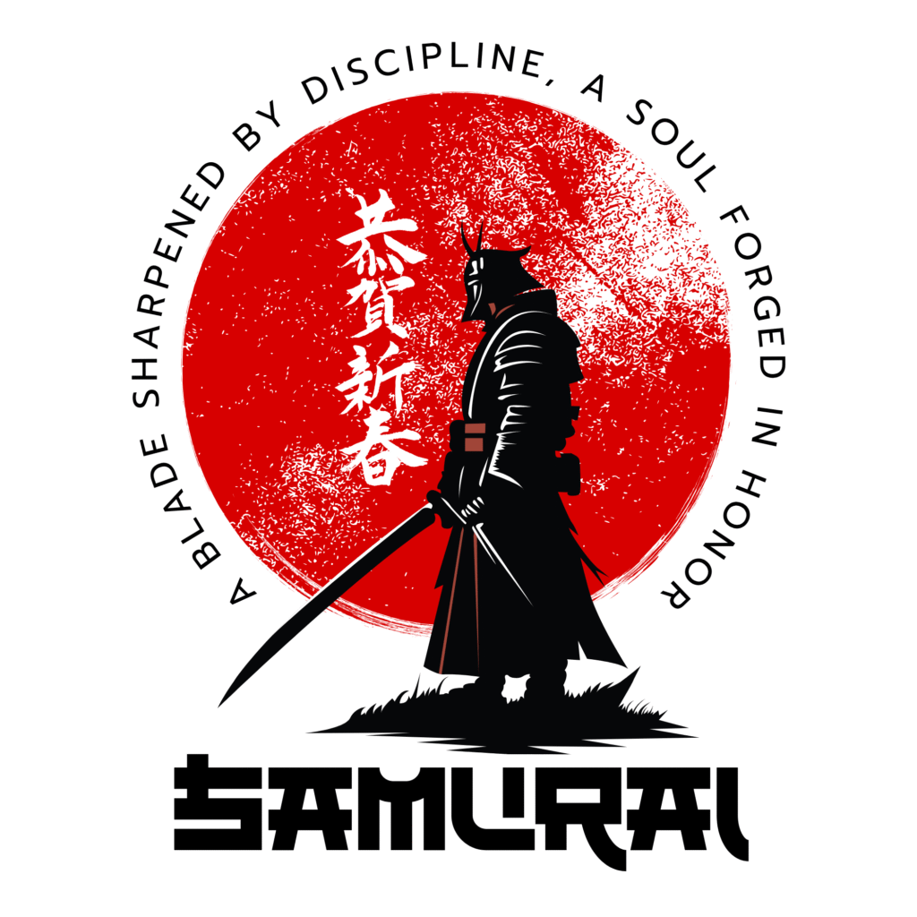 Men’s black cotton t-shirt with artistic samurai print and round neck design