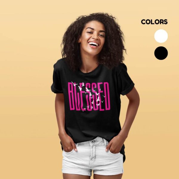 Women’s black cotton t-shirt with colorful artistic blessed graphic print and round neck design