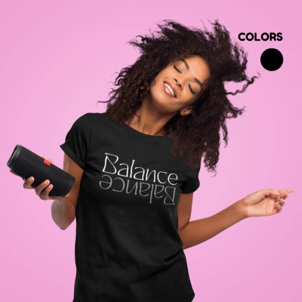 Women’s black cotton t-shirt with artistic balance print and round neck design