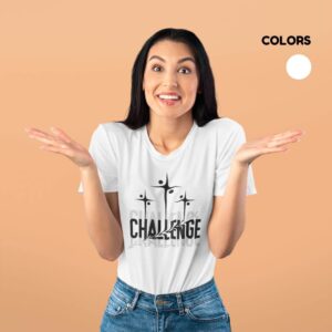 Women’s white cotton t-shirt with colorful artistic challenge graphic print and round neck design