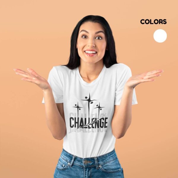 Women’s white cotton t-shirt with colorful artistic challenge graphic print and round neck design