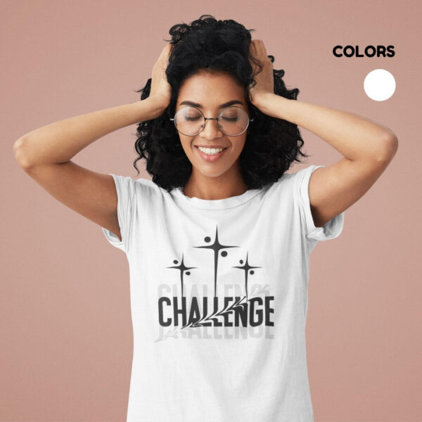 Women’s white cotton t-shirt with colorful artistic challenge graphic print and round neck design