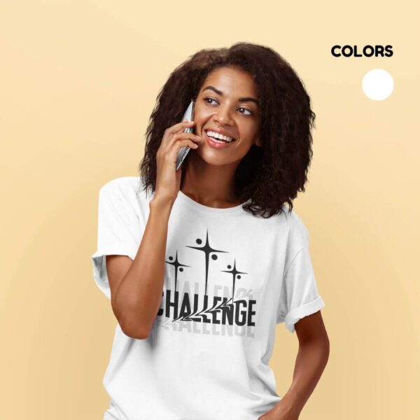 Women’s white cotton t-shirt with colorful artistic challenge graphic print and round neck design