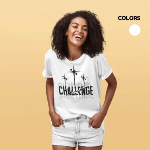 Women’s white cotton t-shirt with colorful artistic challenge graphic print and round neck design