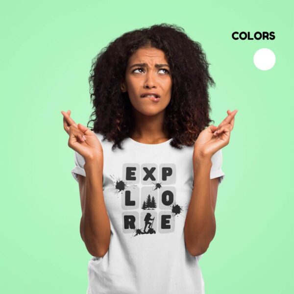 Women’s white cotton t-shirt with colorful artistic explore graphic print and round neck design