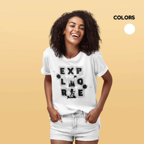Women’s white cotton t-shirt with colorful artistic explore graphic print and round neck design