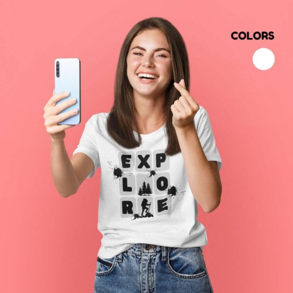 Women’s white cotton t-shirt with colorful artistic explore graphic print and round neck design